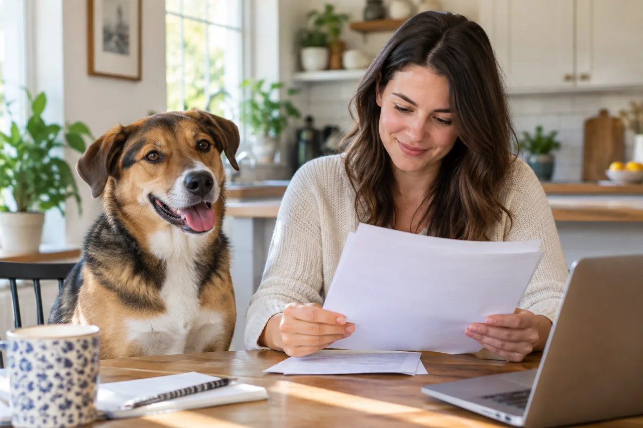 Owner reading papers beside a dog at home