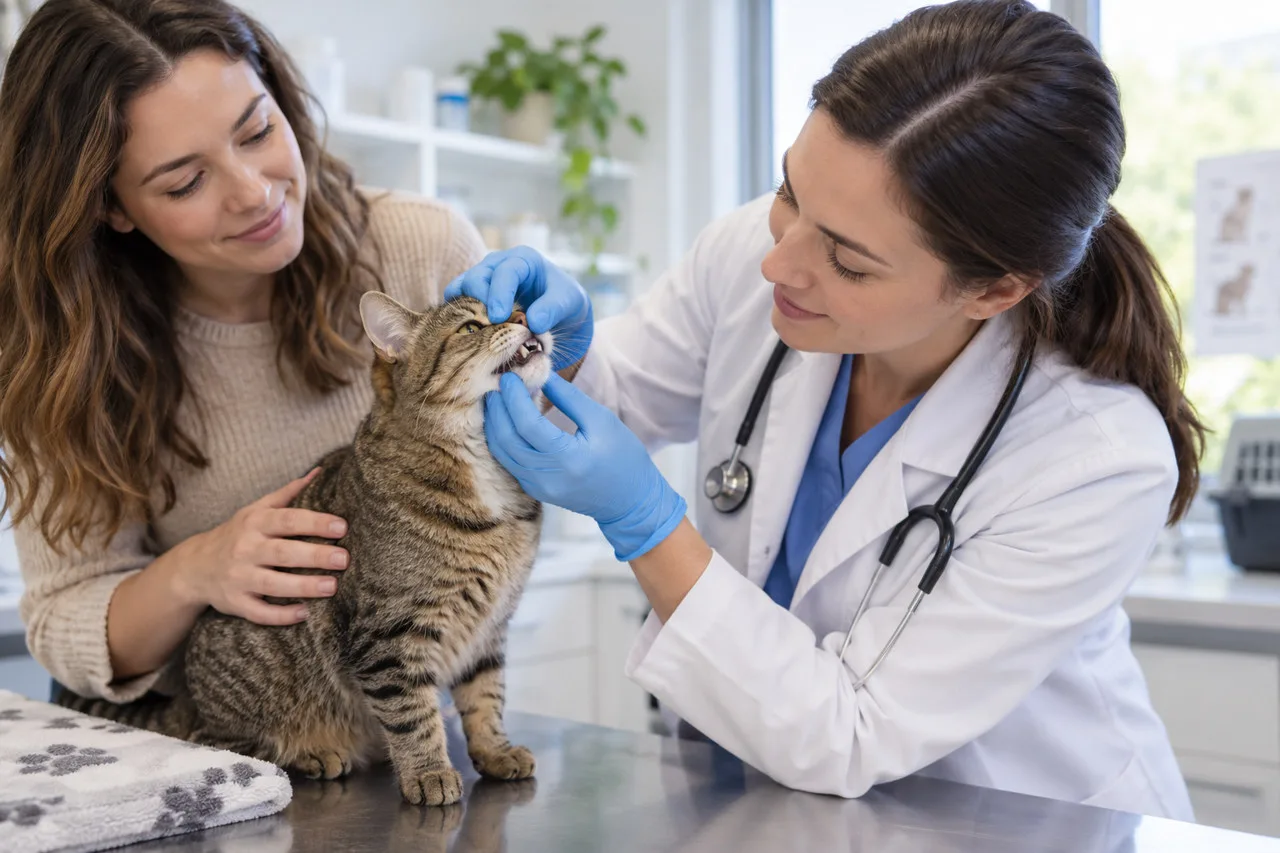 Veterinarian examining a tabby cat beside its owner